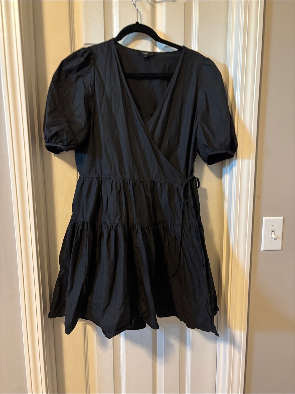 J. Crew Black Puff-Sleeve Tiered Wrap Mini Dress